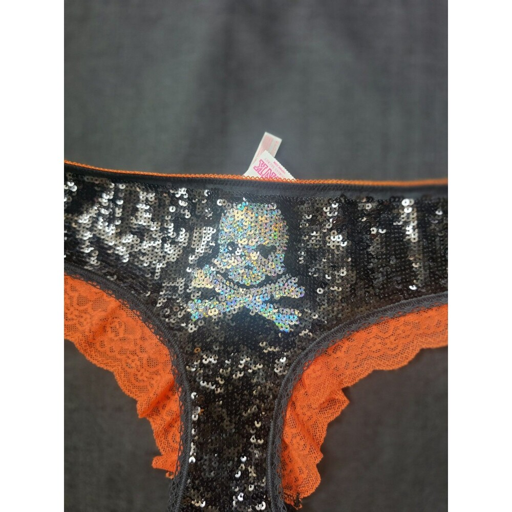 VTG Y2K Victorias Secret Pink Low Rise Hipster Halloween Sequin Skull Panty RARE - Picture 3 of 7